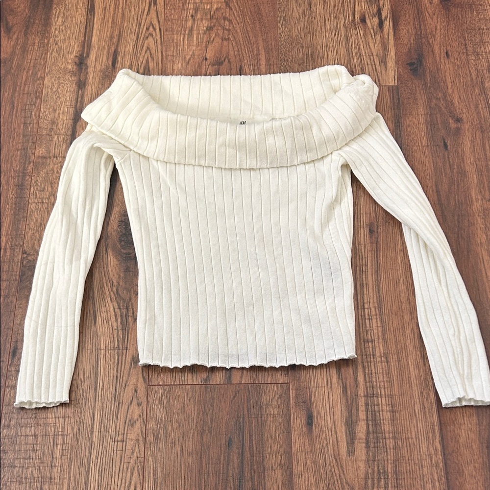 H&M Girls Off-Shoulder Ribbed Sweater in Cream